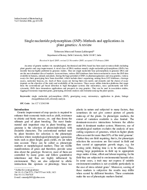 (PDF) Single nucleotide polymorphism (SNP)–Methods and applications in ...