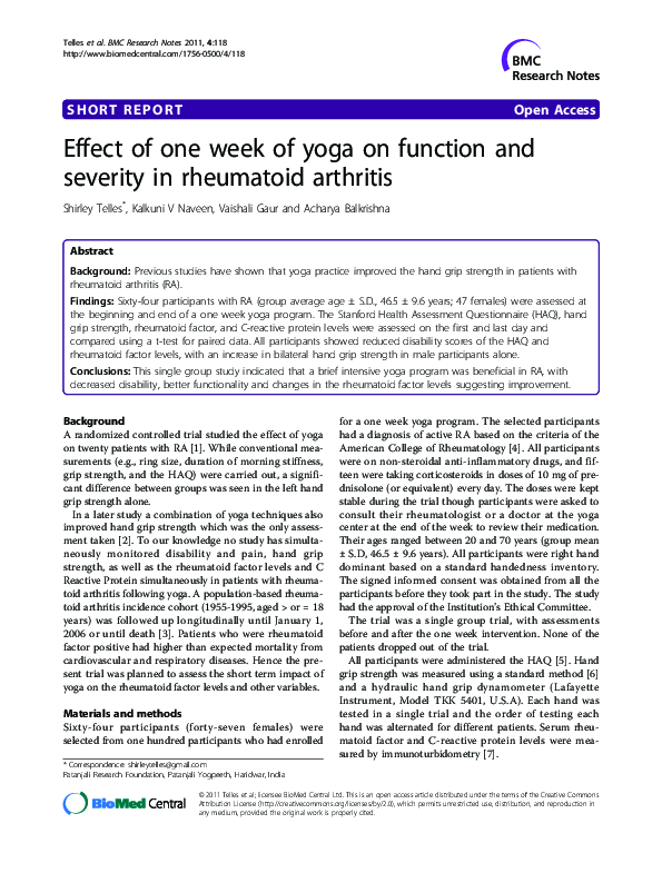 (PDF) Effect of one week of yoga on function and severity in rheumatoid ...