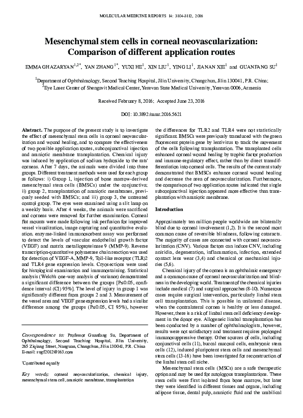 (PDF) Mesenchymal stem cells in corneal neovascularization: Comparison ...