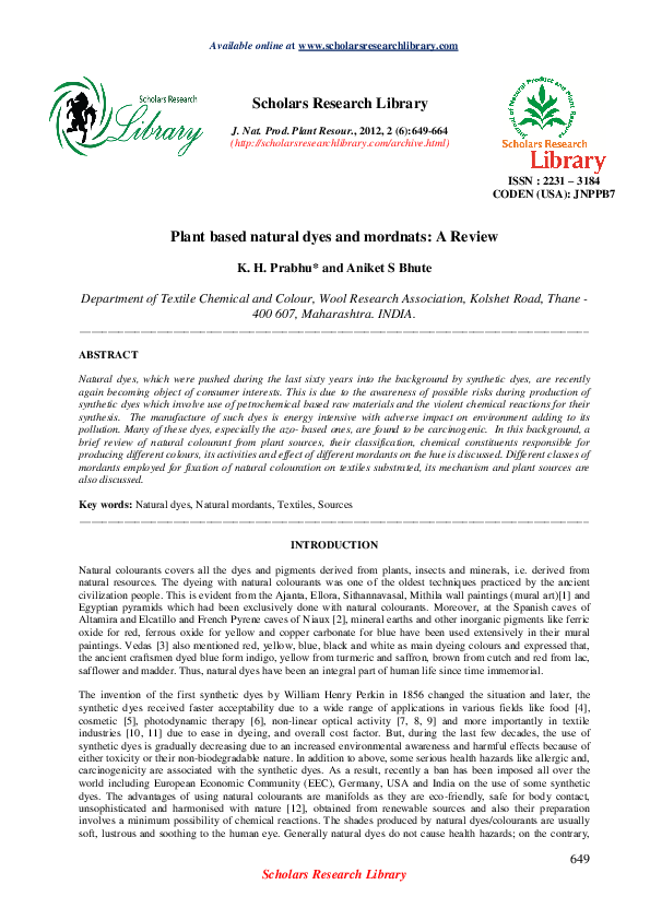 (PDF) Plant based dyes and mordant: A Review