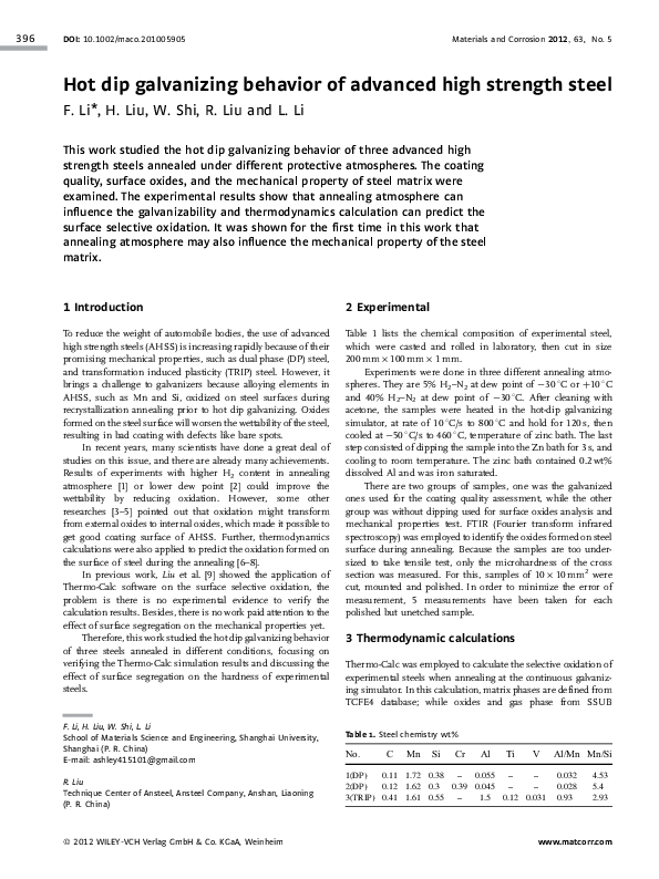 (PDF) Hot dip galvanizing behavior of advanced high strength steel