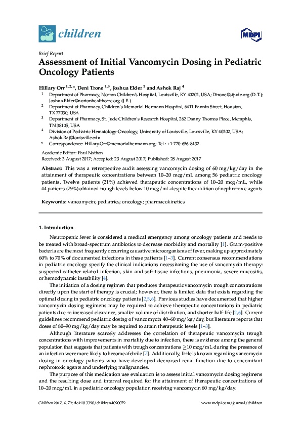 (PDF) Assessment of Initial Vancomycin Dosing in Pediatric Oncology ...