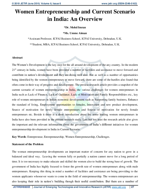 (PDF) Women Entrepreneurship and Current Scenario in India: An Overview