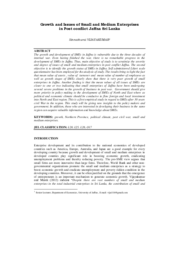 (PDF) Growth and Issues of Small and Medium Enterprises in Post ...