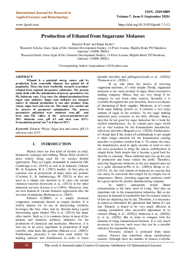 (PDF) Production of Ethanol from Sugarcane Molasses Harpreet Kaur