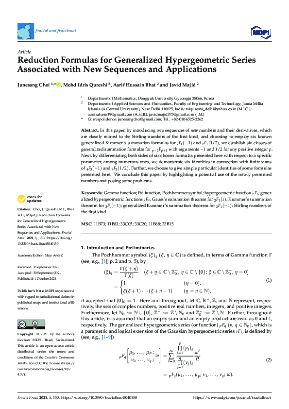 (PDF) Reduction Formulas for Generalized Hypergeometric Series ...