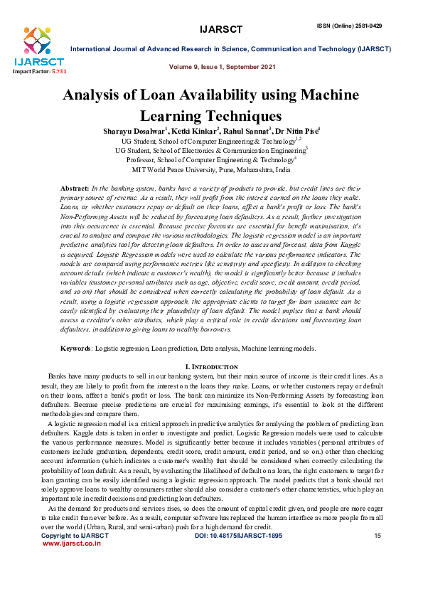 (PDF) Analysis of Loan Availability using Machine Learning Techniques