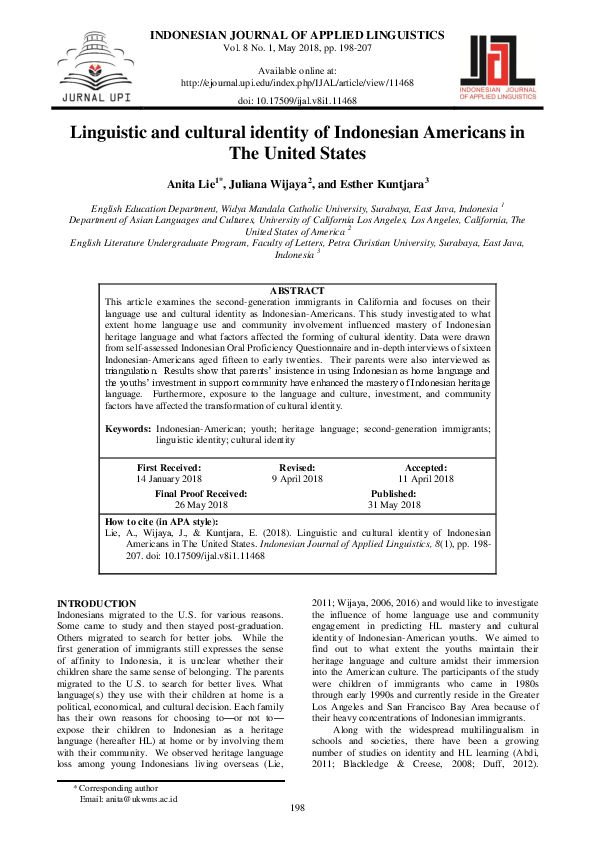 (PDF) Linguistic and cultural identity of Indonesian Americans in The ...