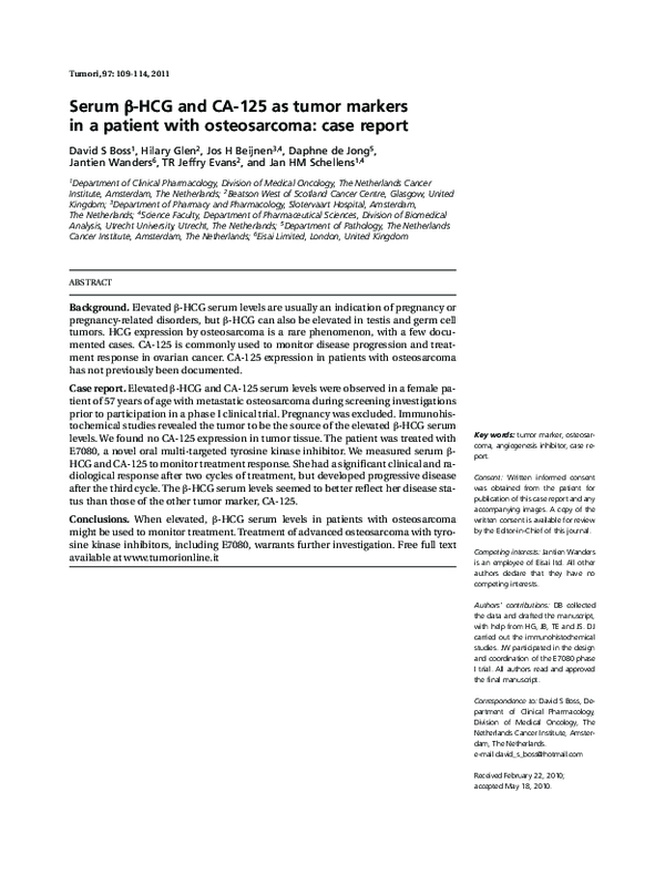 (PDF) Serum beta-HCG and CA-125 as tumor markers in a patient with ...