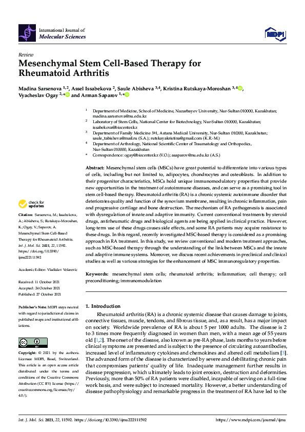 (PDF) Mesenchymal Stem Cell-Based Therapy for Rheumatoid Arthritis