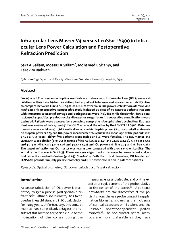 (PDF) Intra-ocular Lens Master V4 versus LenStar LS900 in Intra-ocular ...