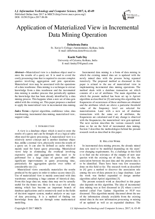 (PDF) Application of Materialized View in Incremental Data Mining Operation