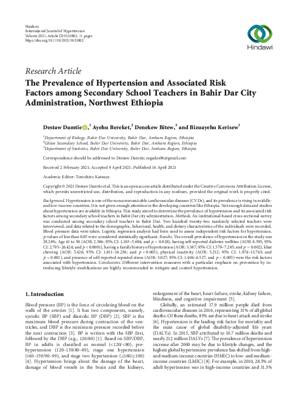 (PDF) The Prevalence of Hypertension and Associated Risk Factors among ...