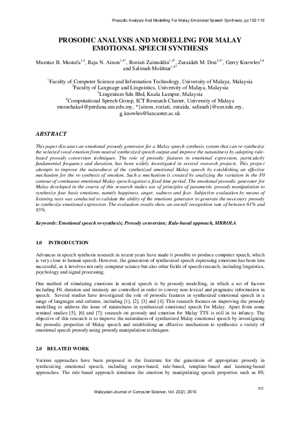 (PDF) Prosodic Analysis And Modelling For Malay Emotional Speech Synthesis
