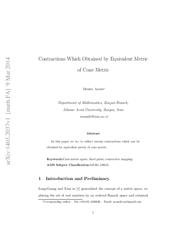 (PDF) Contractions Which Obtained by Equivalent Metric of Cone Metric