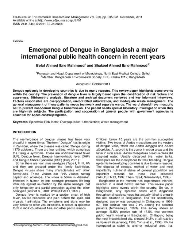 (PDF) Emergence of Dengue in Bangladesh a major international public ...