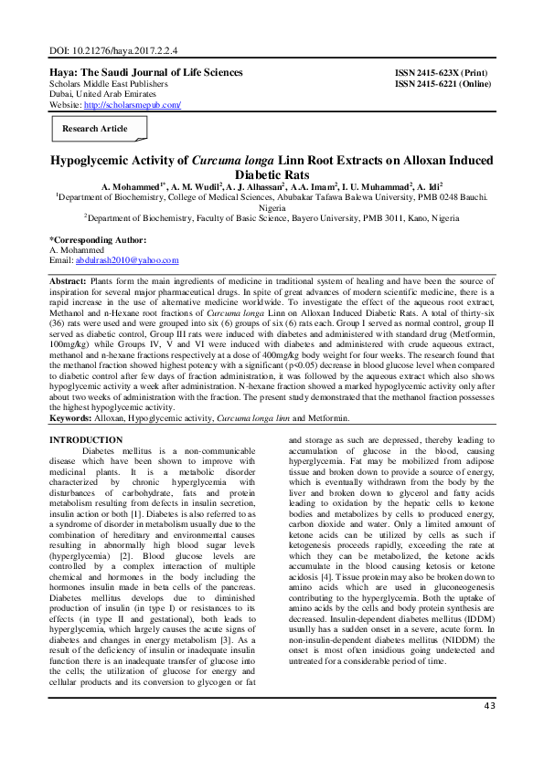 (PDF) Hypoglycemic Activity of Curcuma longa Linn Root Extracts on ...