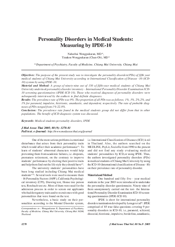 (PDF) Personality disorders in medical students: measuring by IPDE-10