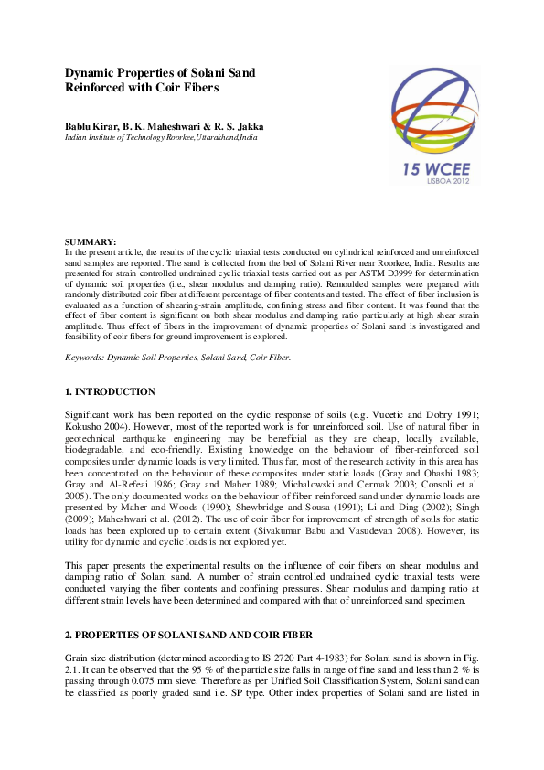 (PDF) Dynamic Properties of Solani Sand Reinforced with Coir Fibers