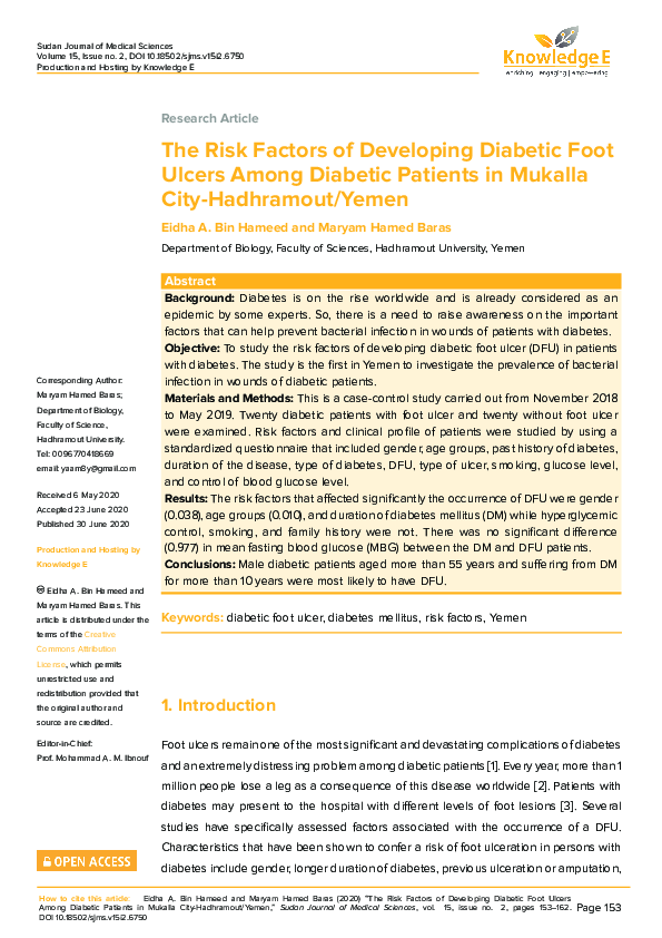 (PDF) The Risk Factors of Developing Diabetic Foot Ulcers Among ...