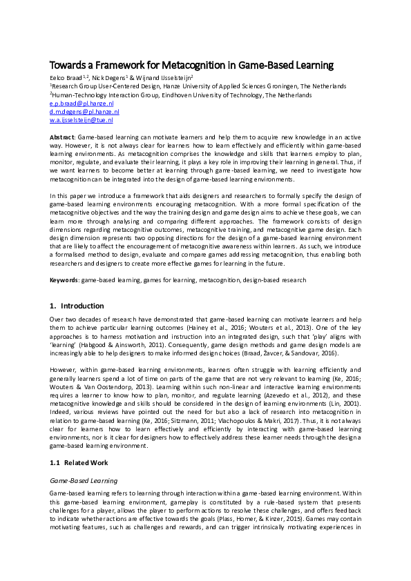 (PDF) Towards a Framework for Metacognition in Game-Based Learning