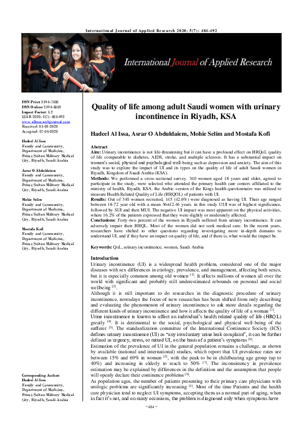 (PDF) Quality of life among adult Saudi women with urinary incontinence ...