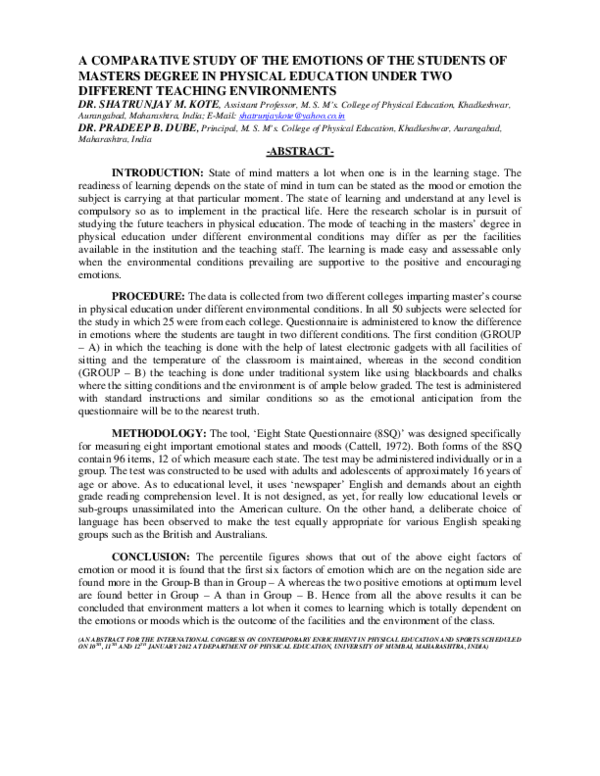 (PDF) A COMPARATIVE STUDY OF THE EMOTIONS OF THE STUDENTS OF MASTERS ...