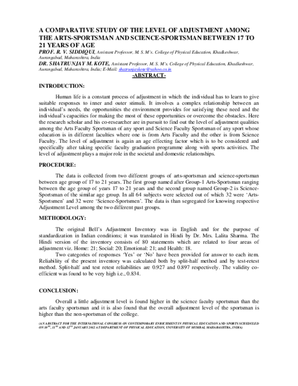 (PDF) A COMPARATIVE STUDY OF THE LEVEL OF ADJUSTMENT AMONG THE ARTS ...