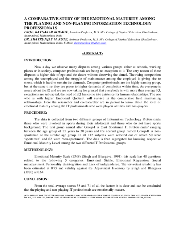 (PDF) A COMPARATIVE STUDY OF THE EMOTIONAL MATURITY AMONG THE PLAYING ...