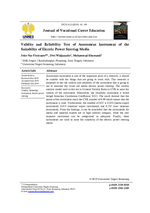 (PDF) Validity and Reliability Test of Assessment Instrument of the ...