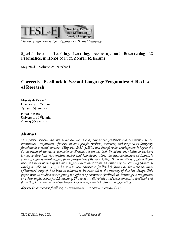 (PDF) Corrective Feedback in Second Language Pragmatics: A Review of ...