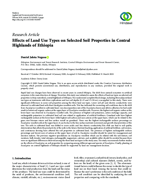 (PDF) Effects of Land Use Types on Selected Soil Properties in Central ...
