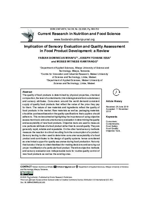 (PDF) Implication of Sensory Evaluation and Quality Assessment in Food ...