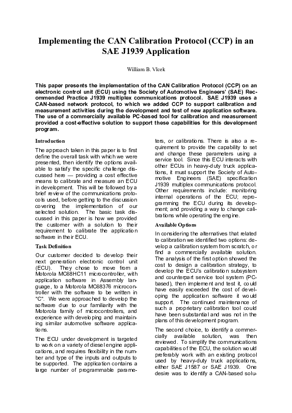 (PDF) Implementing the CAN Calibration Protocol ( CCP ) in an SAE J