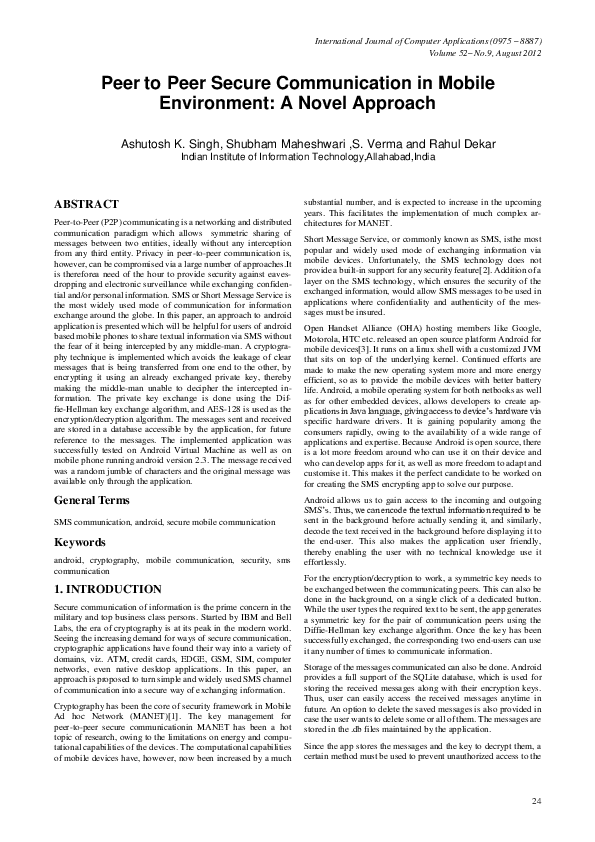 (PDF) Peer to Peer Secure Communication in Mobile Environment: A Novel ...