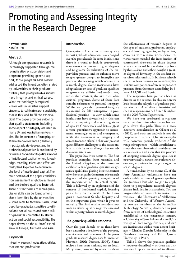 (PDF) Promoting and Assessing Integrity in the Research Degree Howard