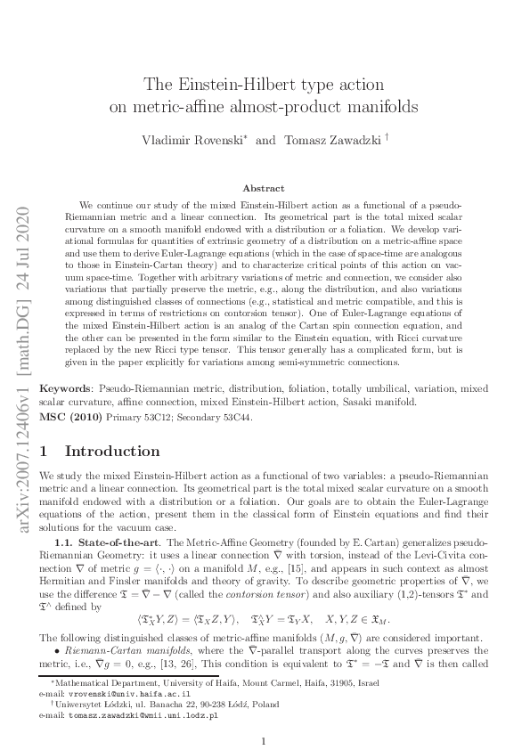 (PDF) The EinsteinHilbert type action on metricaffine almostproduct