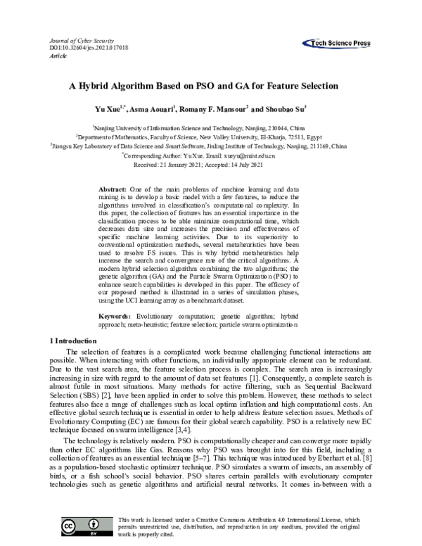 (PDF) A Hybrid Algorithm Based on PSO and GA for Feature Selection