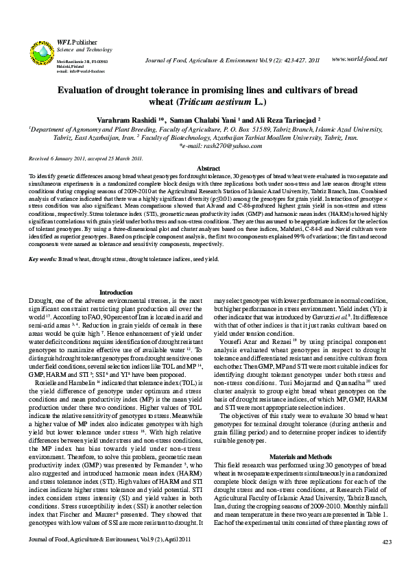 (PDF) Evaluation of drought tolerance in promising lines and cultivars ...