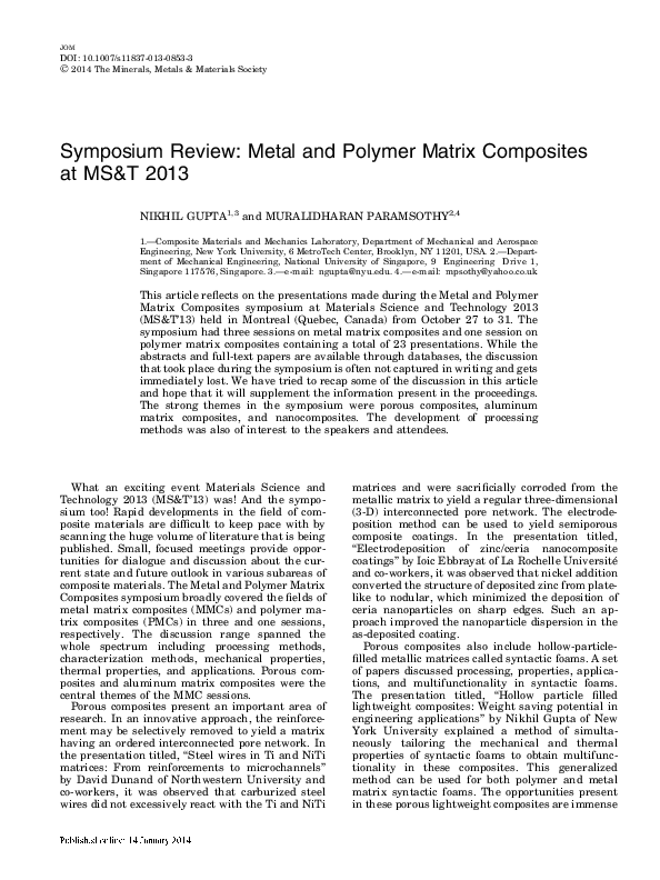 (PDF) Symposium Review: Metal and Polymer Matrix Composites at MS&T 2013