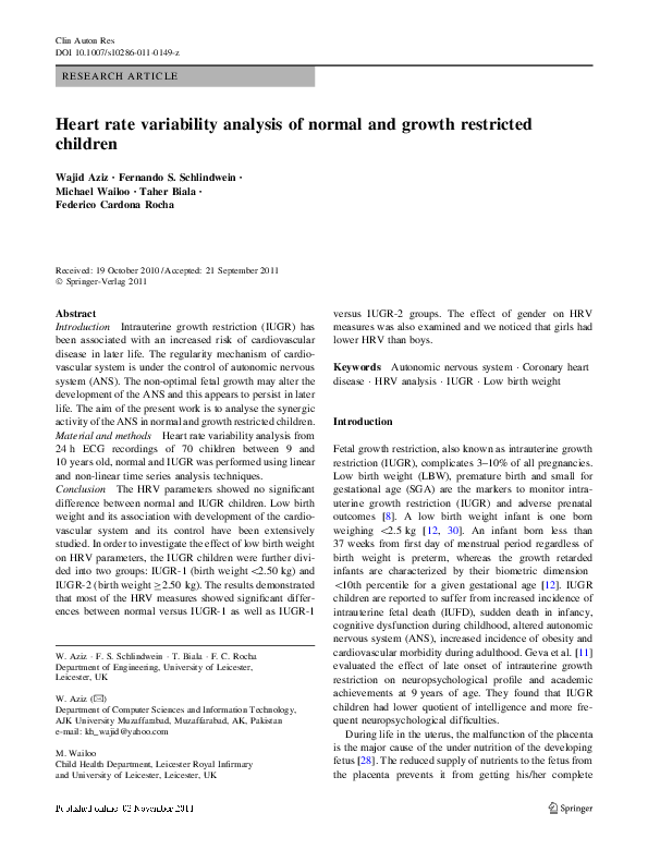 (PDF) Heart rate variability analysis of normal and growth restricted ...