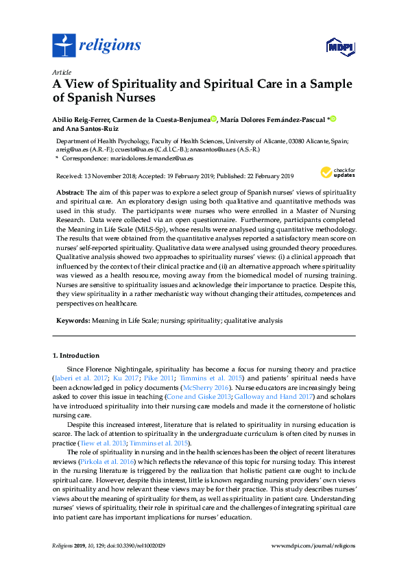 (PDF) A View of Spirituality and Spiritual Care in a Sample of Spanish ...