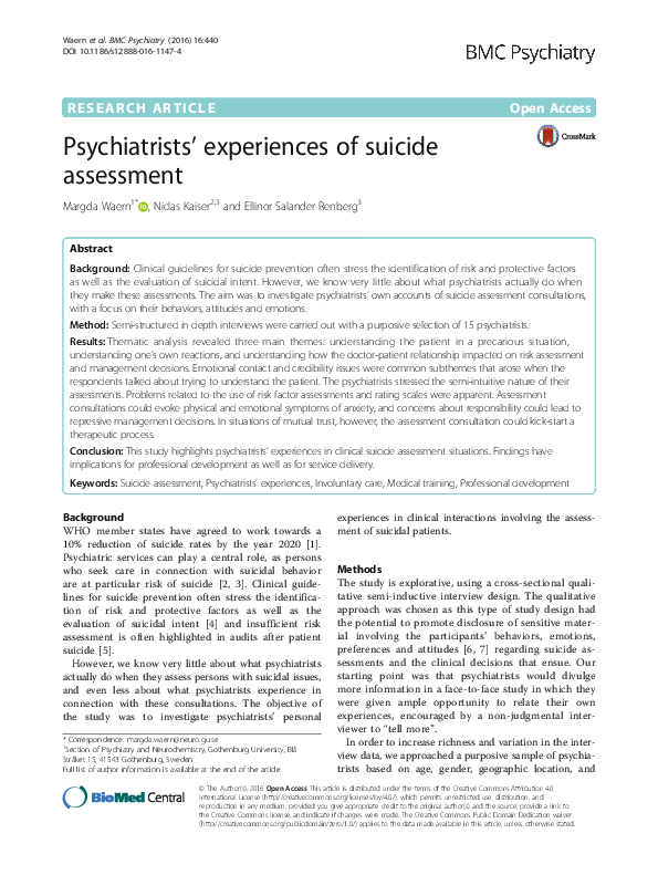 (PDF) Psychiatrists’ experiences of suicide assessment Niclas Kaiser