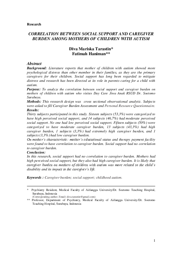(PDF) Correlation Between Social Support and Caregiver Burden Among ...