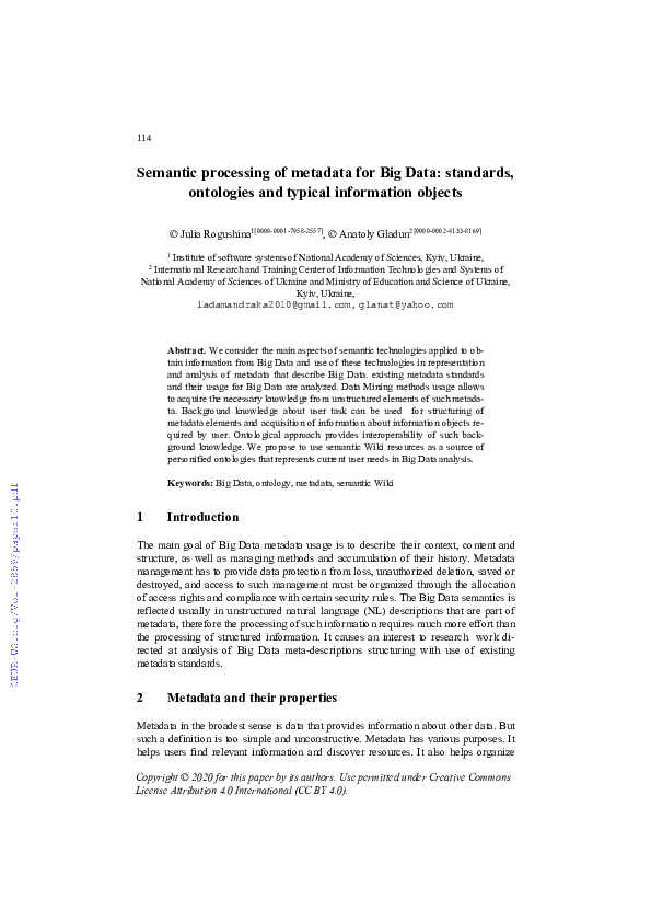 (PDF) Semantic processing of metadata for Big Data: standards ...