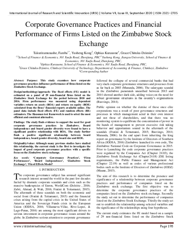 (PDF) Corporate Governance Practices and Financial Performance of Firms ...