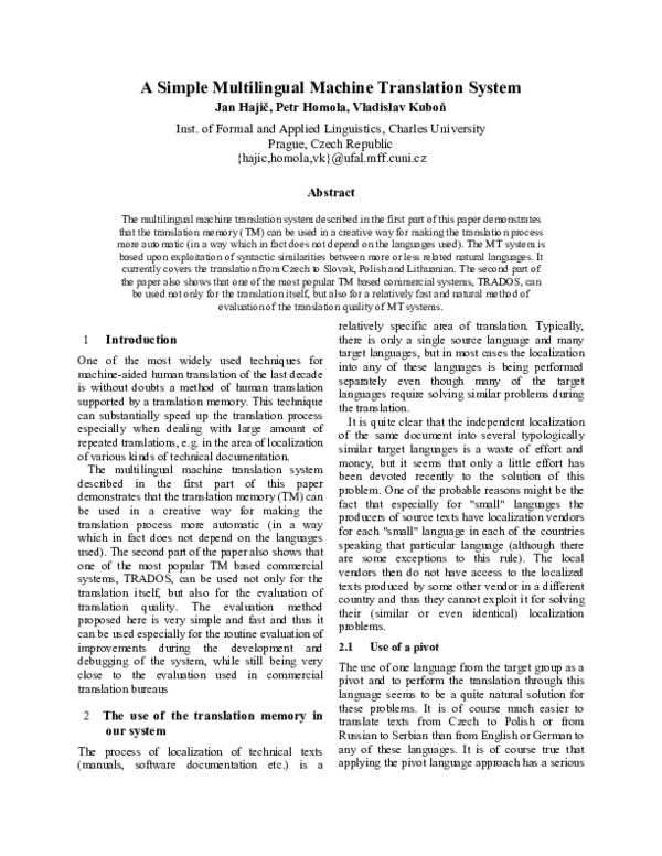 (PDF) A simple multilingual machine translation system