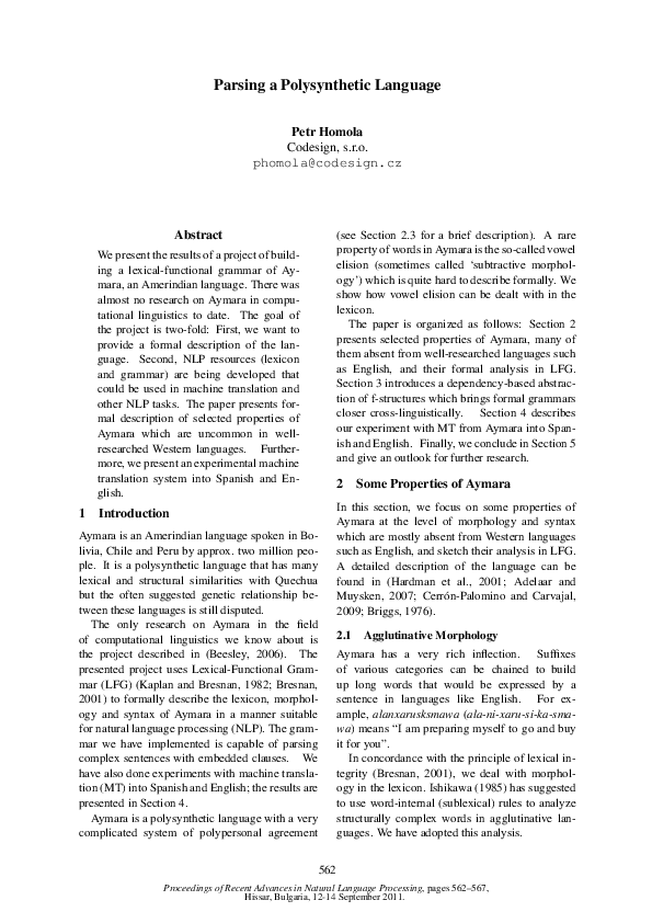 (PDF) Parsing a Polysynthetic Language | Petr Homola - Academia.edu