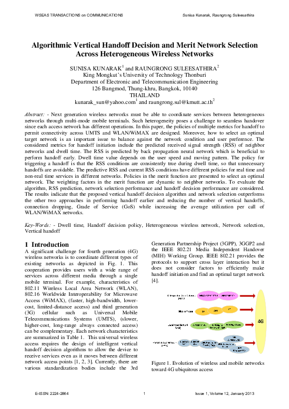 (PDF) Algorithmic Vertical Handoff Decision and Merit Network Selection ...