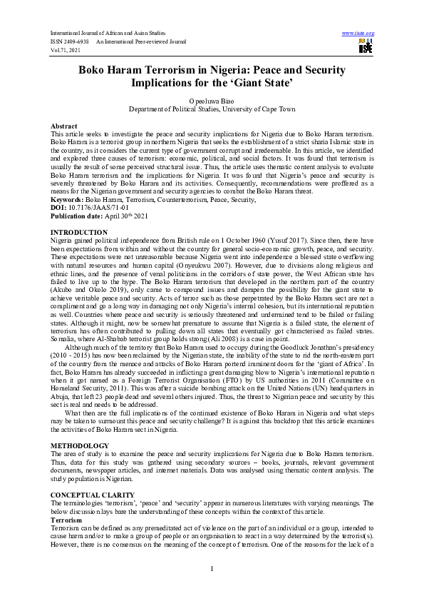 (PDF) Boko Haram Terrorism in Nigeria: Peace and Security Implications ...